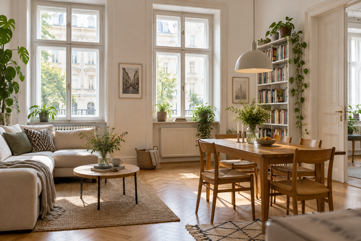 Heller Wohnraum einer Wiener Wohnung mit Parkett und großen Fenstern